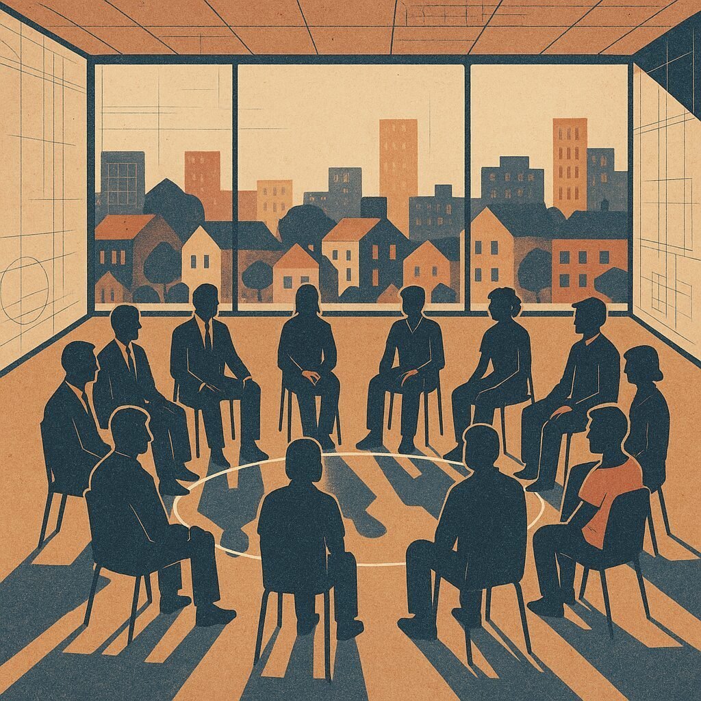 A diverse group of silhouetted people sit in a circle in a corporate room while their shadows extend toward a city skyline, suggesting connection between institutional spaces and surrounding communities.