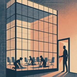 Silhouetted figures practice yoga inside a glass corporate office tower at dawn, with one person standing at the doorway symbolically bridging inside and outside spaces.