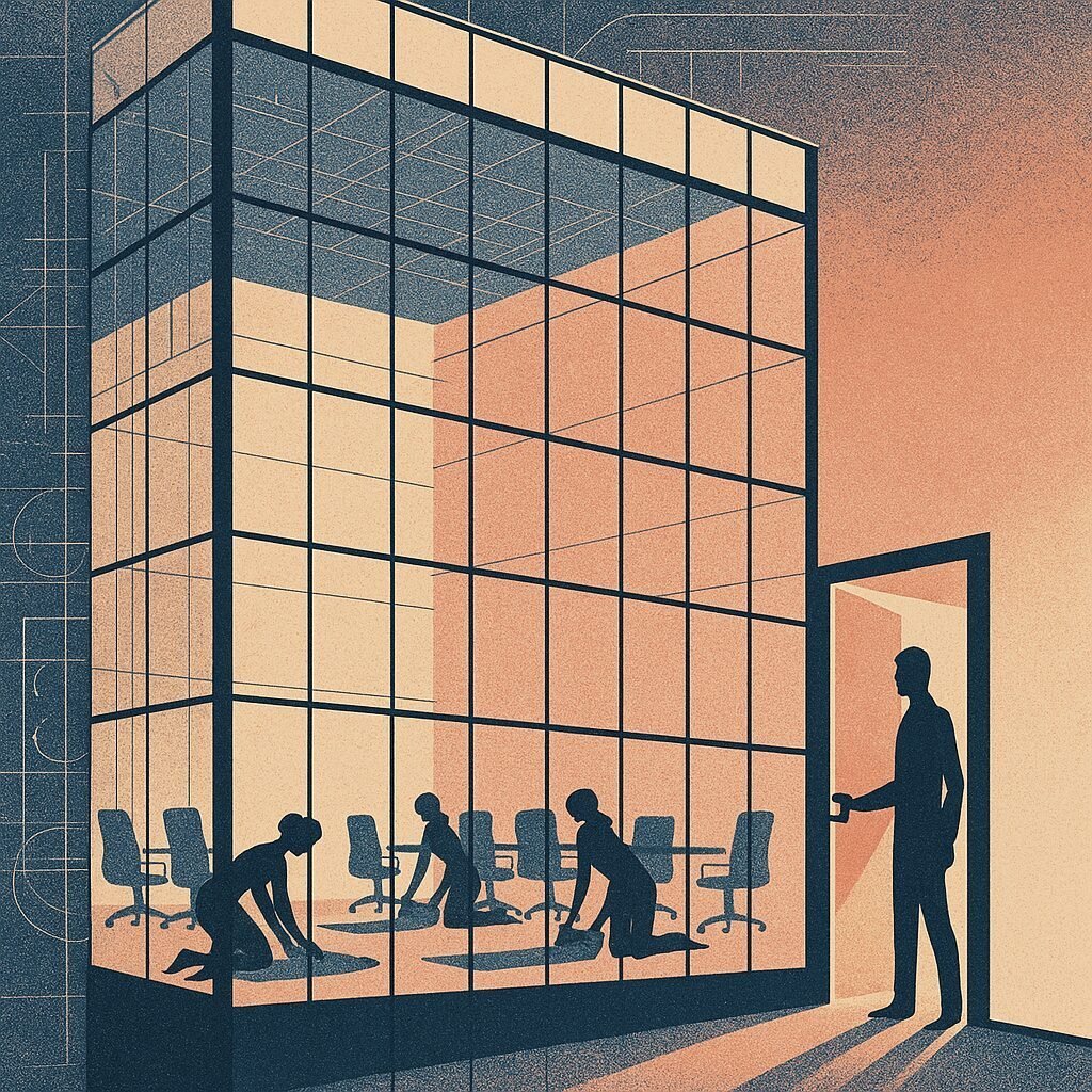 Silhouetted figures practice yoga inside a glass corporate office tower at dawn, with one person standing at the doorway symbolically bridging inside and outside spaces.