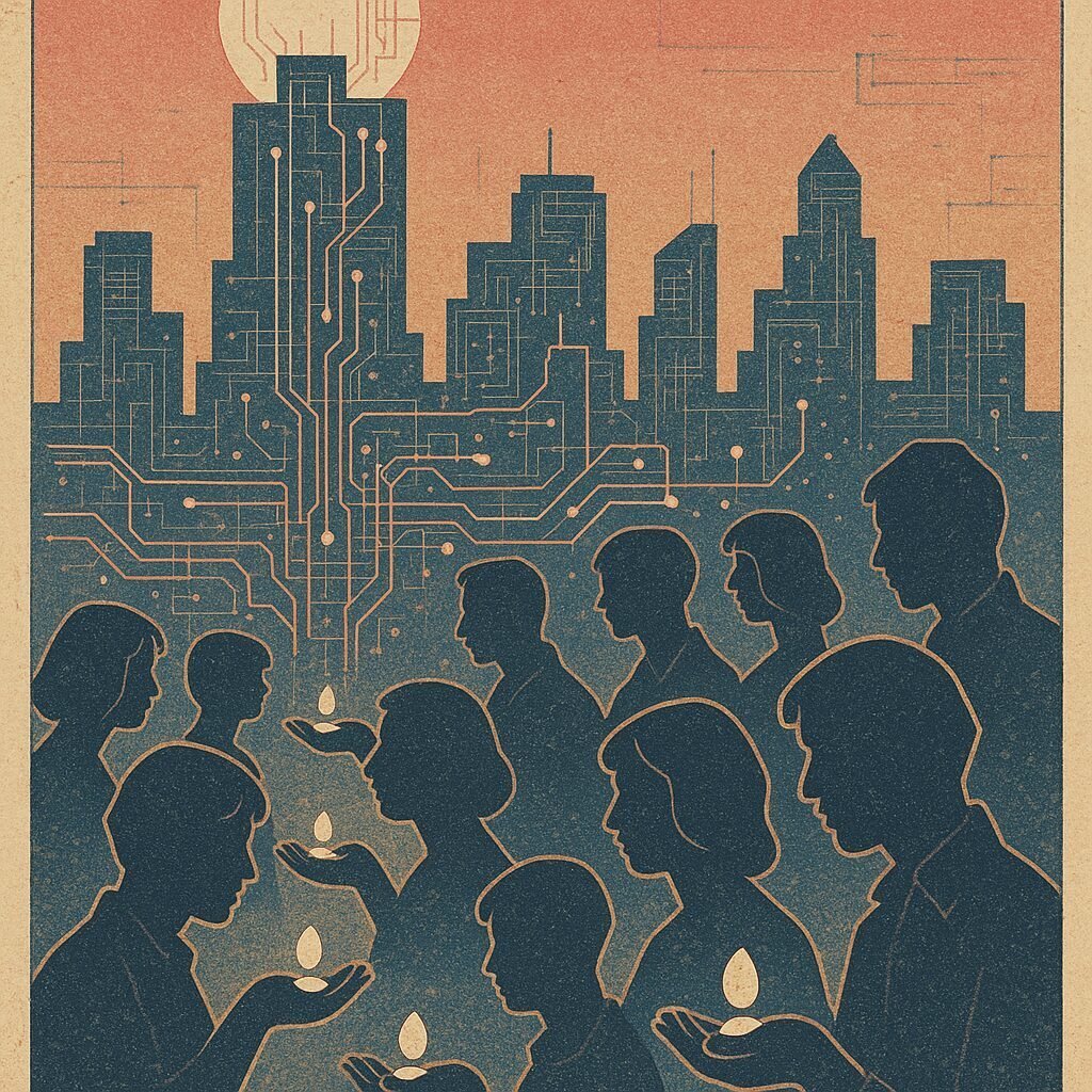 A dusk cityscape with circuit-like lights in the towers, while silhouetted people below hold small glowing orbs that echo the skyline, symbolizing shared stakes in technological wealth.