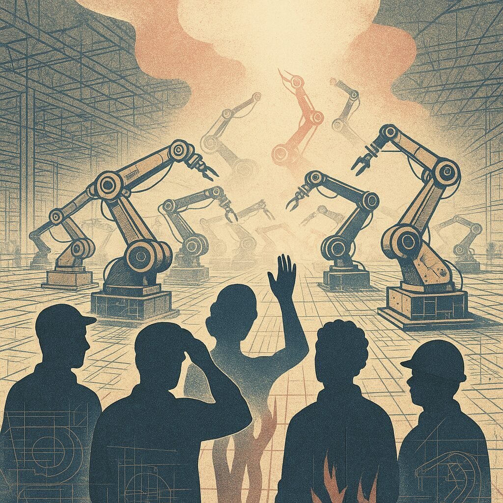 Silhouetted workers stand before a futuristic factory where robotic arms blend into a glowing cloud, and their shadows rise like streams of light into the machines above.