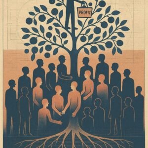 Silhouetted workers form the trunk and roots of a large tree made of text and data, while a single figure at the top collects the fruit labeled profit into a basket.