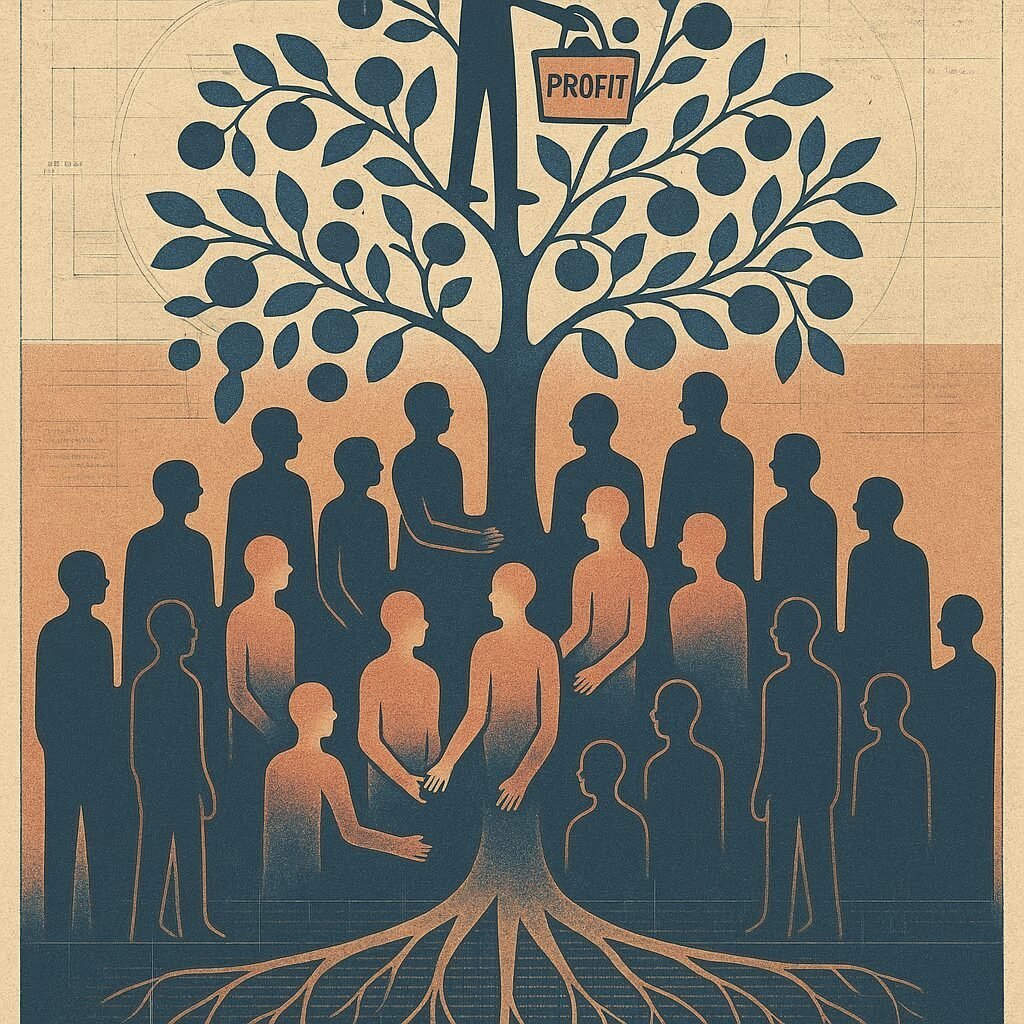 Silhouetted workers form the trunk and roots of a large tree made of text and data, while a single figure at the top collects the fruit labeled profit into a basket.