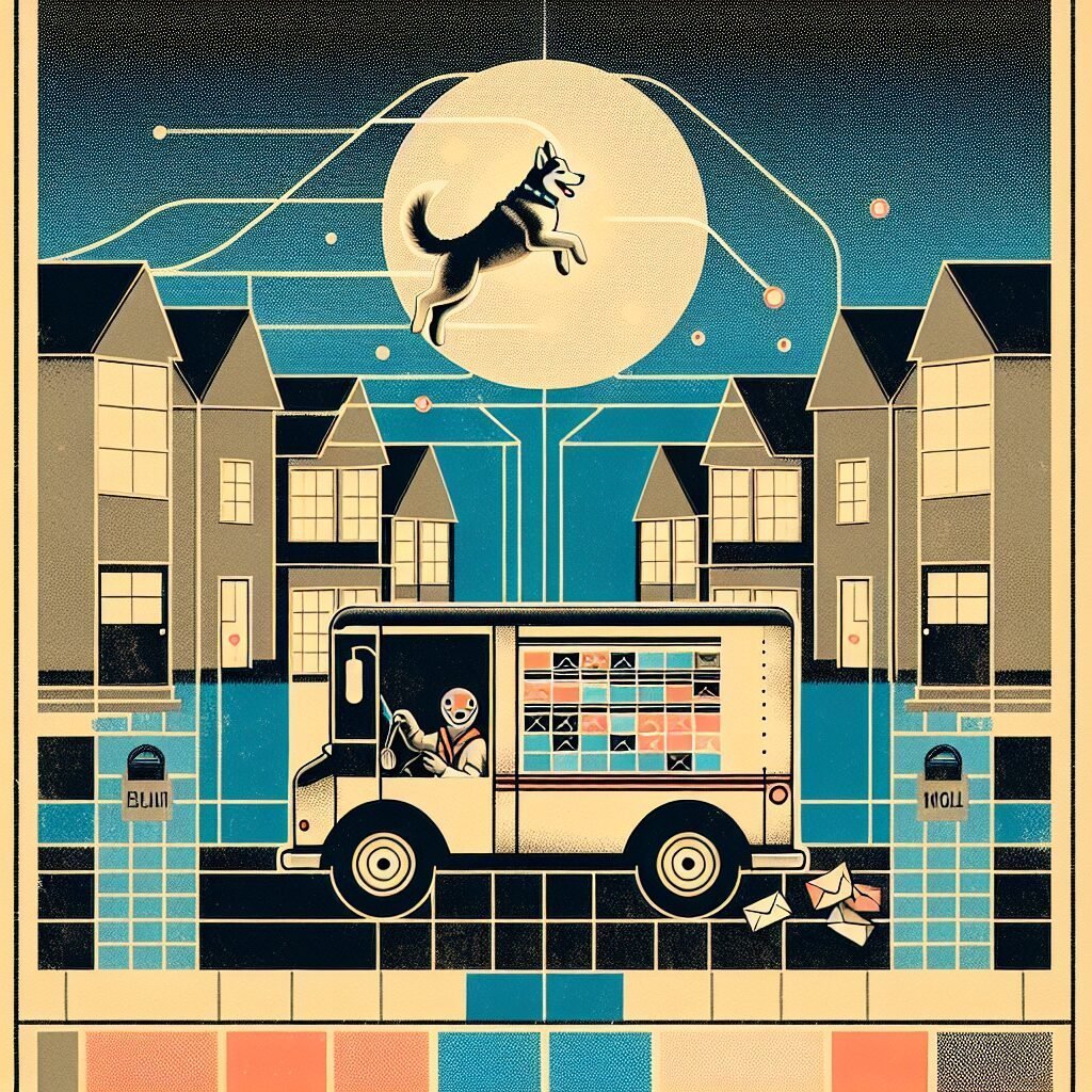 A silhouetted mail carrier laughs beside a small mail truck as a large dog leaps through the open window onto a pile of envelopes, with warm houses glowing in the background.
