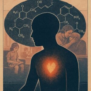 A silhouetted person sits surrounded by floating chemical symbols that blend into memory images, holding a small glowing light in their chest to symbolize pain as more than biology.