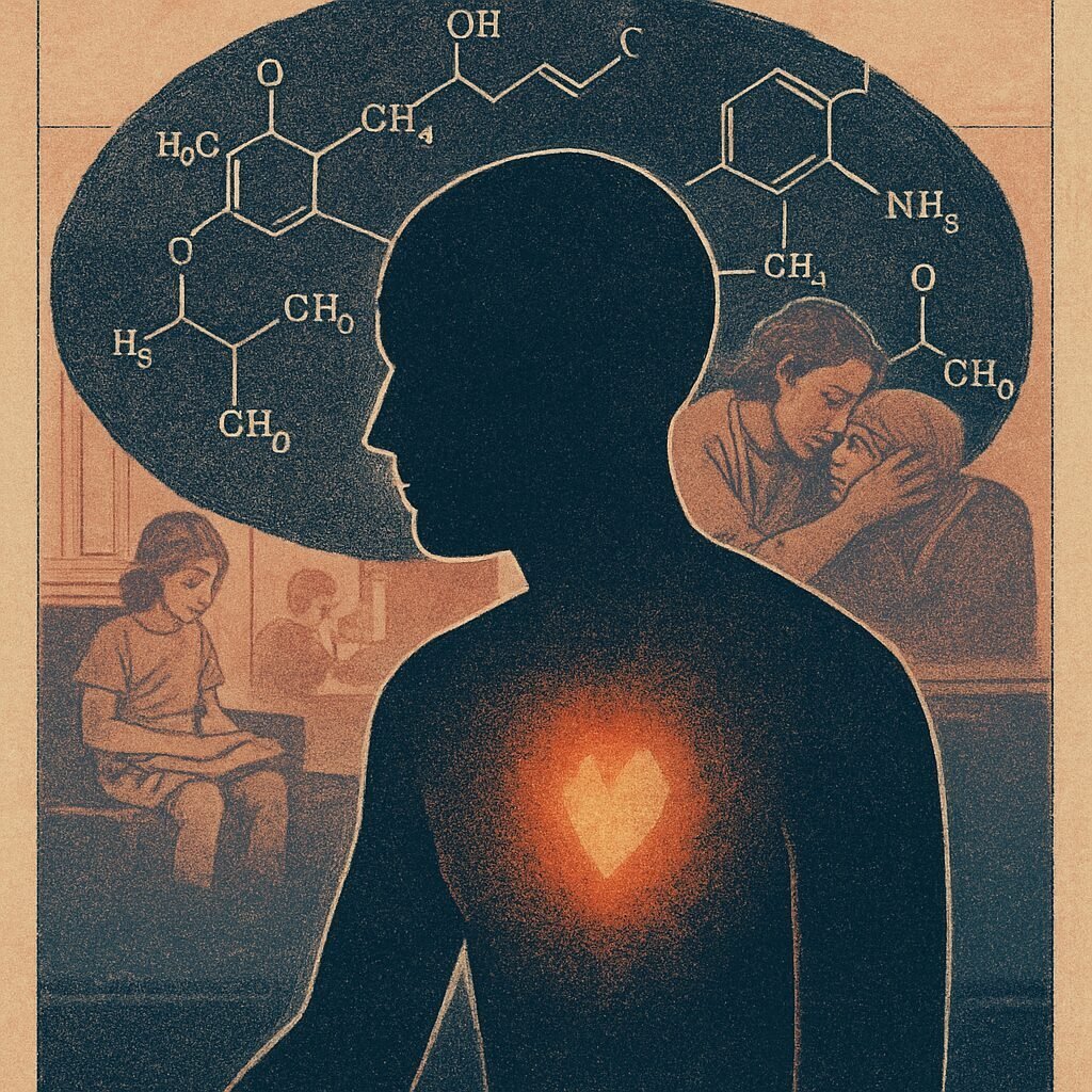 A silhouetted person sits surrounded by floating chemical symbols that blend into memory images, holding a small glowing light in their chest to symbolize pain as more than biology.