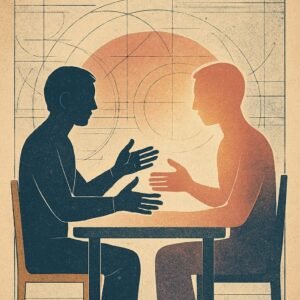 A silhouetted figure gently reaches across a table toward their own shadow, which begins to glow warmly, symbolizing the act of meeting pain with love instead of avoidance.