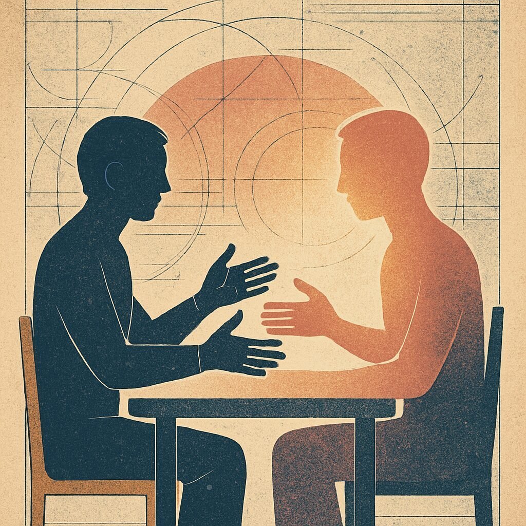A silhouetted figure gently reaches across a table toward their own shadow, which begins to glow warmly, symbolizing the act of meeting pain with love instead of avoidance.