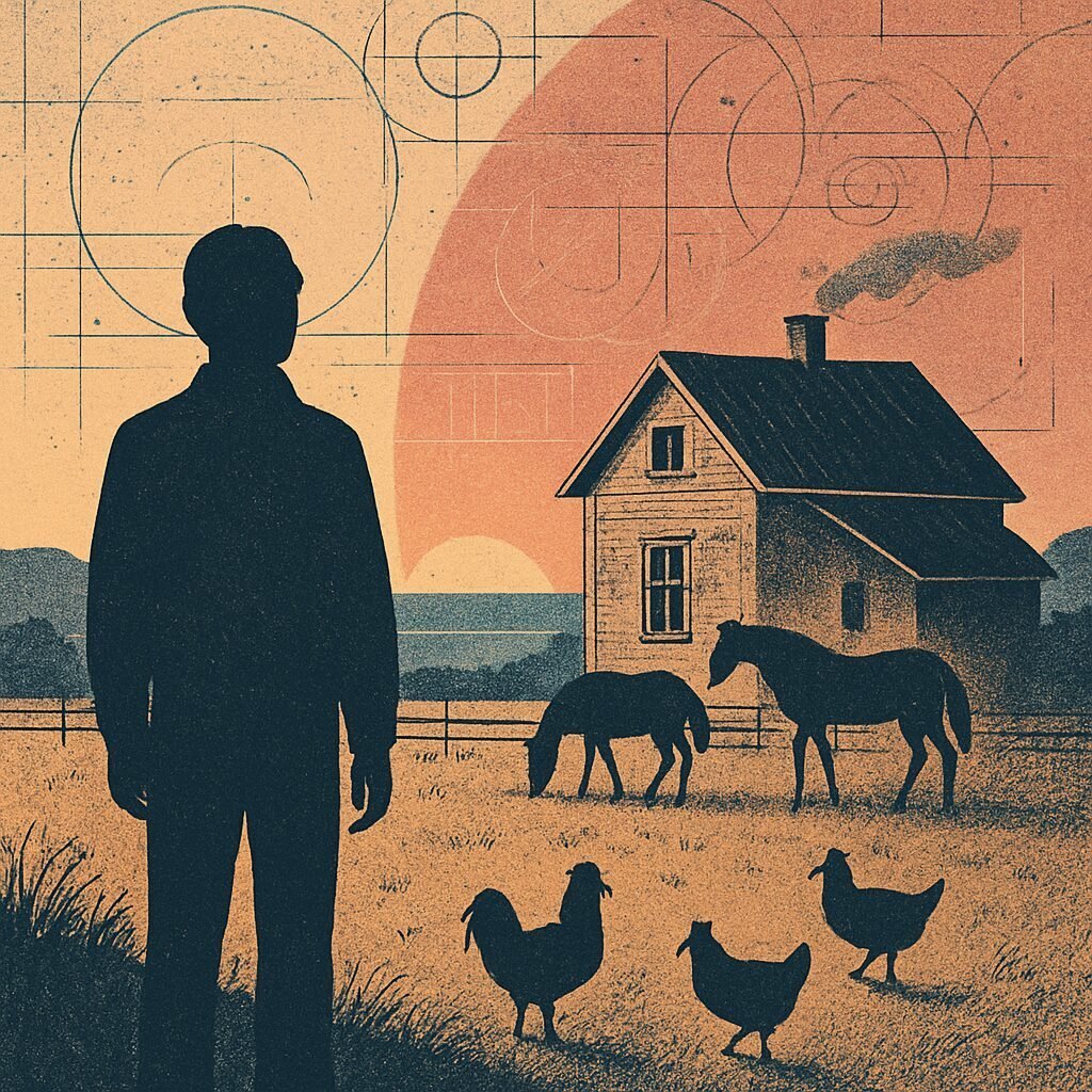 A silhouetted figure stands near a small farmhouse with faint horses and chickens in a dusky field, the horizon glowing gently to suggest quiet sufficiency instead of grandeur.