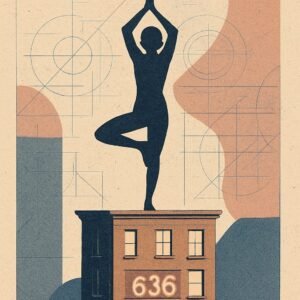 A silhouetted figure holds a yoga pose atop an apartment building turned pedestal, with the number $636 glowing softly in the brickwork below them.
