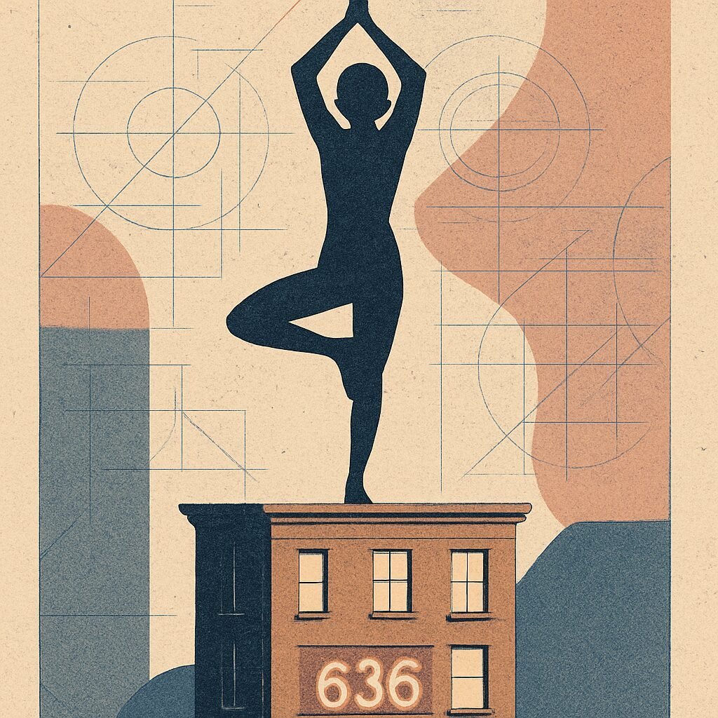 A silhouetted figure holds a yoga pose atop an apartment building turned pedestal, with the number $636 glowing softly in the brickwork below them.