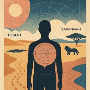 A silhouetted figure stands between desert and savannah, faint animal tracks forming patterns in the sand while distant shapes of a crocodile and lion suggest the land is watching back.