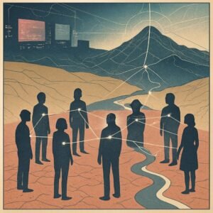 A small circle of silhouetted figures stand connected by glowing threads to each other and the surrounding landscape, while distant digital billboards dim behind them.