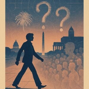 Silhouettes on the National Mall at dusk blur into a wrestling ring shape as fireworks form question marks overhead, suggesting a spectacle sustained by a watching crowd.