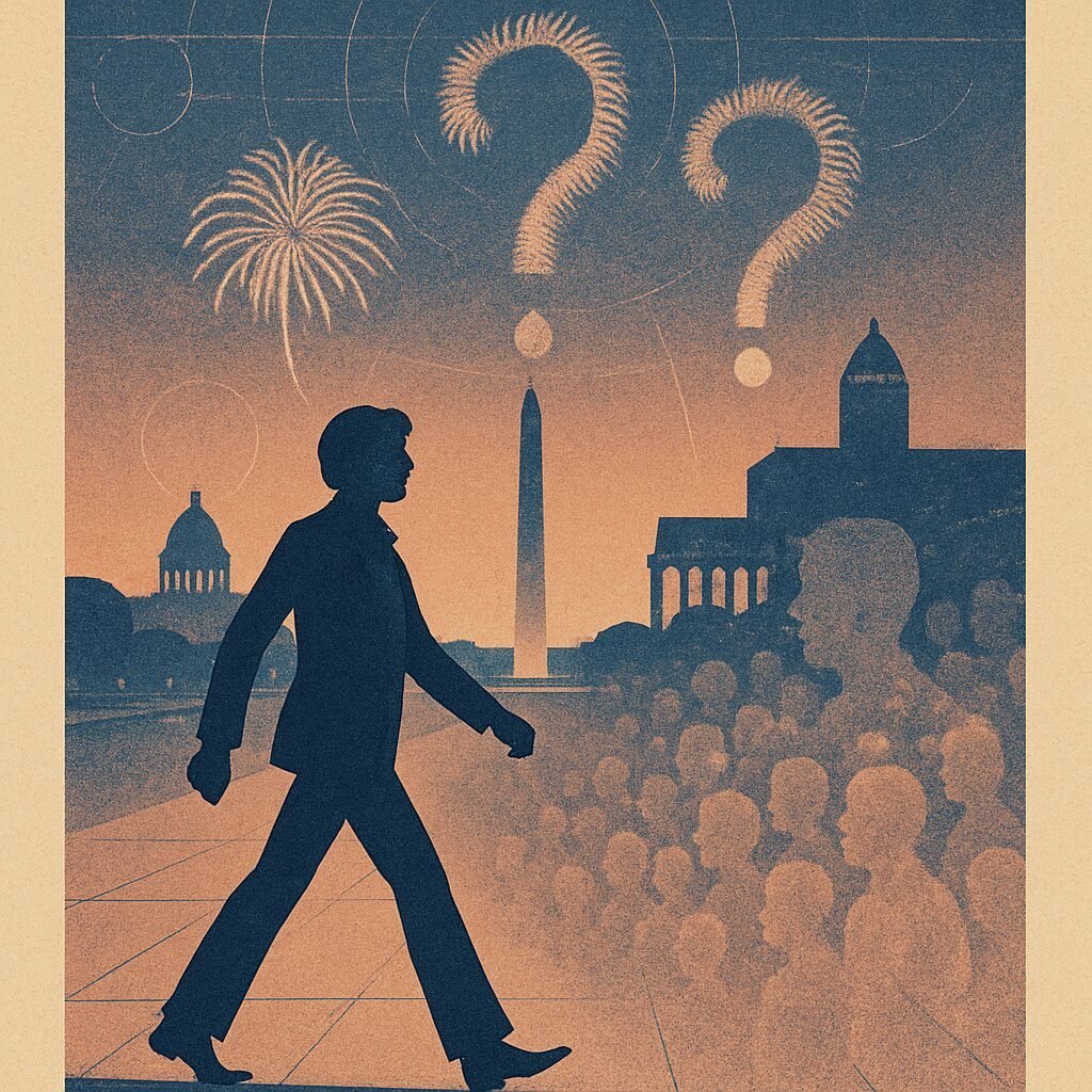 Silhouettes on the National Mall at dusk blur into a wrestling ring shape as fireworks form question marks overhead, suggesting a spectacle sustained by a watching crowd.