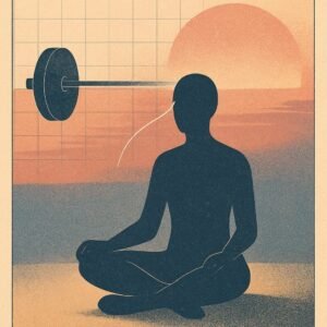 A seated silhouette in soft sunrise light connected by a short measured glowing thread to a receding barbell, illustrating the shrinking interval between recognition and reaction.