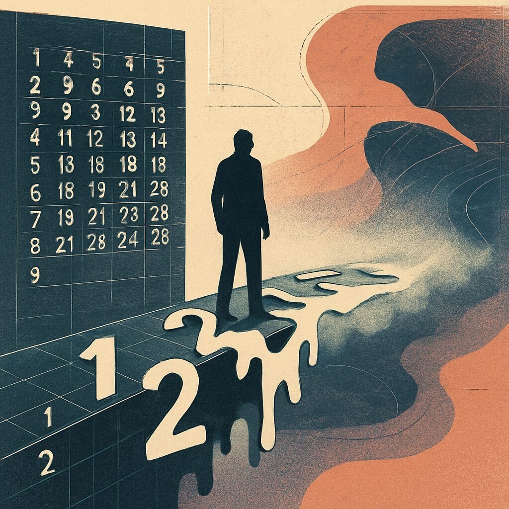 A silhouetted figure crosses a bridge made of numbers that dissolve into mist, moving from rigid counted steps toward a fluid horizon shaped like a body in motion.