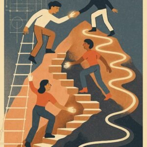 Multiple silhouetted figures climb a mountain using different illuminated routes with helping hands extended, representing adaptive teaching methods.