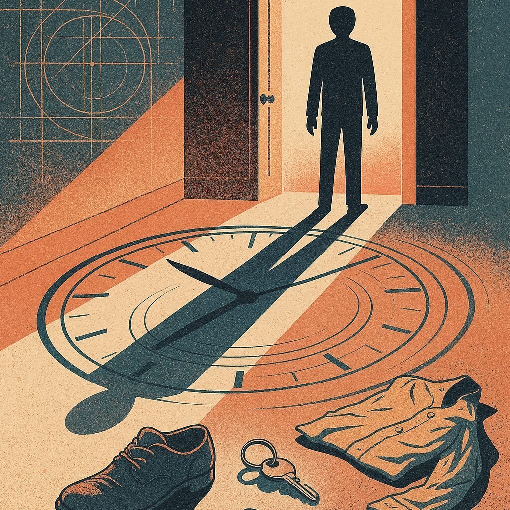 A silhouetted figure stands frozen at a doorway while accelerating clock hand shadows sweep the floor and scattered preparation items trail behind them in dim morning light.