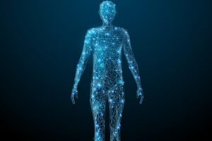 Digital silhouette of a human form composed of glowing blue connections and lights.