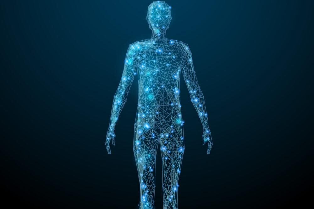 Digital silhouette of a human form composed of glowing blue connections and lights.