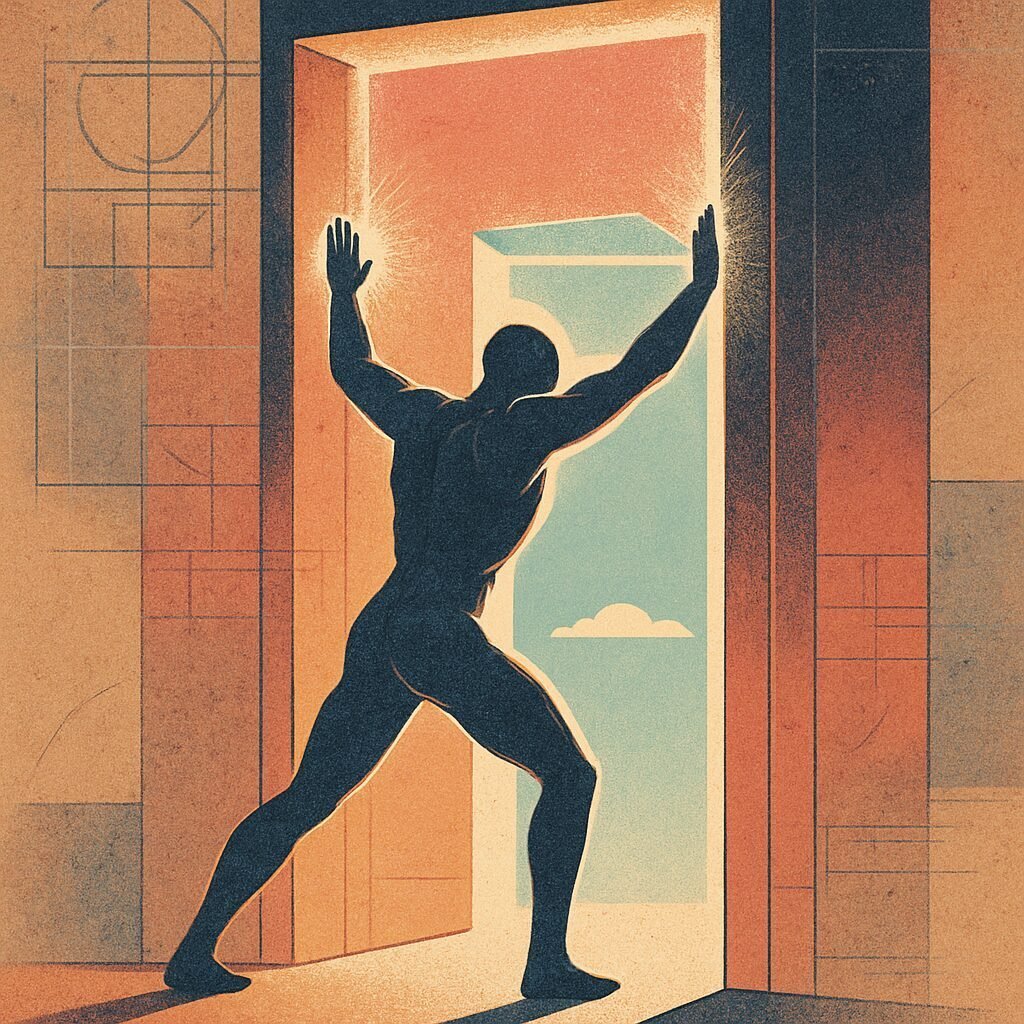 A silhouette actively presses against a glowing doorframe that visibly widens, with a new threshold opening to clear sky, symbolizing strength-in-range that locks in flexibility gains.