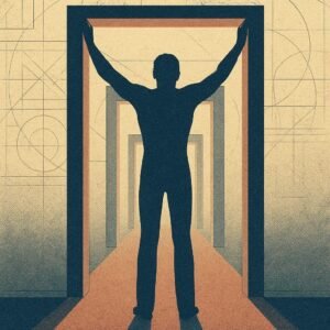 A silhouette stretches in a doorway while a foggy corridor of identical doorframes extends behind them, symbolizing flexibility that never progresses.