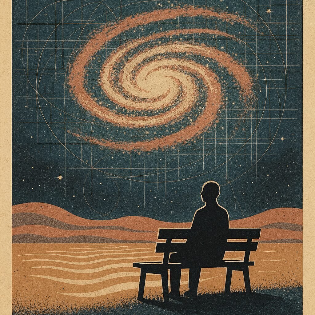 A peaceful silhouette sits on a bench beneath a vast cosmic spiral with time expanding in gentle ripples around them, illustrating unhurried presence and grounded stillness.