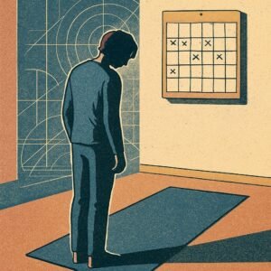 A silhouetted figure stands beside an empty yoga mat in morning light, their posture reflecting uncertainty, while a wall calendar shows sporadic practice marks.