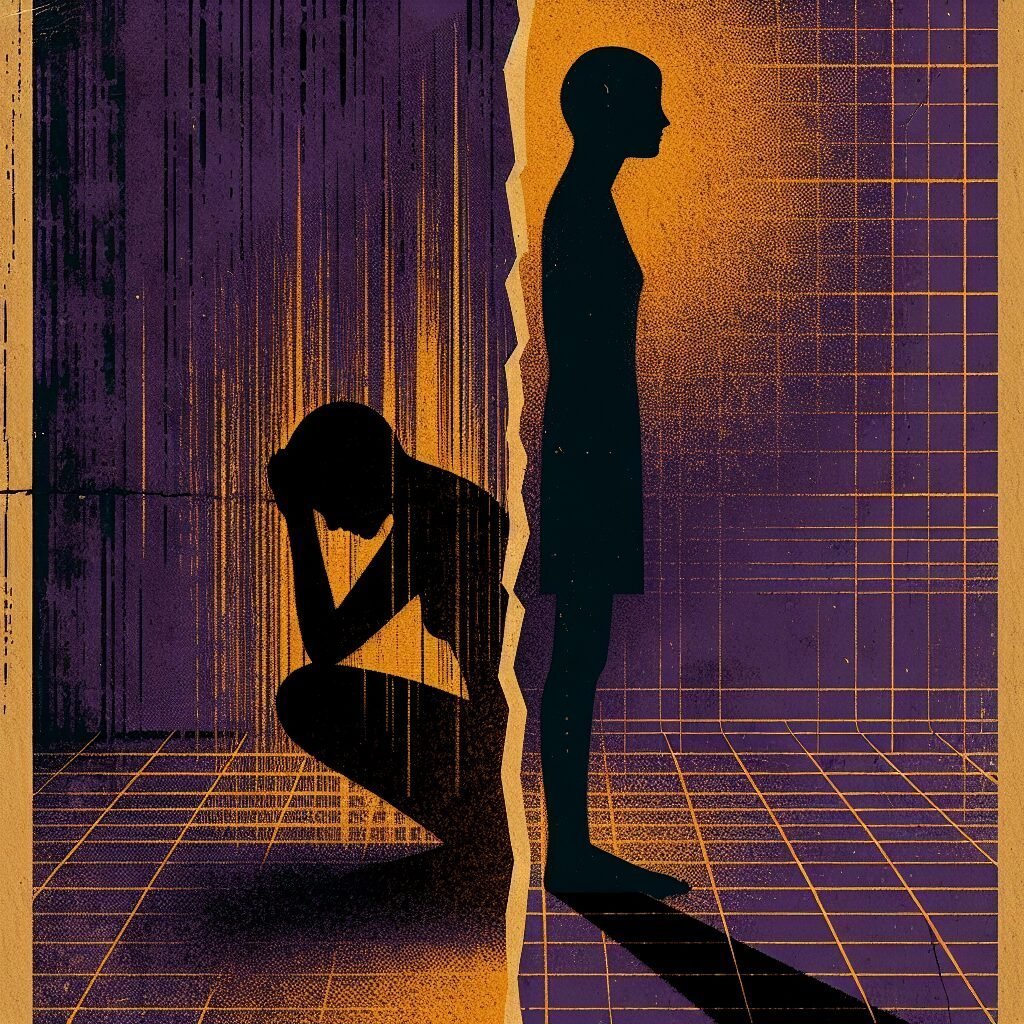 Split silhouettes of slumped vs standing figure — Manipura imbalance versus radiant vitality