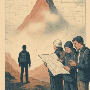 A silhouetted figure stands before a misty mountain peak while others consult maps, illustrating the gap between natural ability and structured learning.