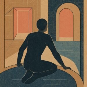 A silhouetted yoga practitioner prepares for a jump-through with slightly bent elbows, facing two glowing doorways representing different teaching approaches.