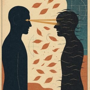 Two silhouettes face each other with steady golden eye contact holding firm despite leaves and wind swirling between them.