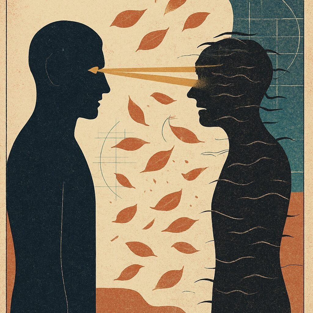 Two silhouettes face each other with steady golden eye contact holding firm despite leaves and wind swirling between them.