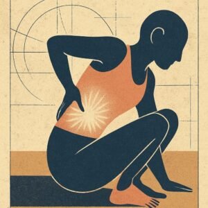 A silhouetted figure pauses in a yoga pose with one hand at their lower back, light highlighting their torso while shadows pool below.