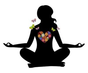 Meditation silhouette with butterflies and floral heart for peace and tranquility.