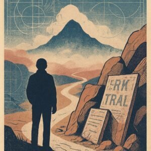 A silhouette stands at a misty trailhead gazing toward a distant peak, with weathered illegible signs leaning against rocks in twilight.