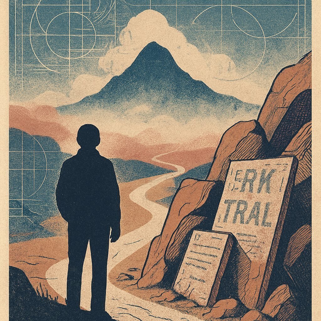 A silhouette stands at a misty trailhead gazing toward a distant peak, with weathered illegible signs leaning against rocks in twilight.