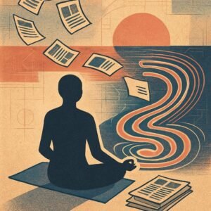 A silhouetted figure sits in meditation as streams of newsprint and glowing feed threads spiral into a calm pond beside a yoga mat and three folded newspapers.