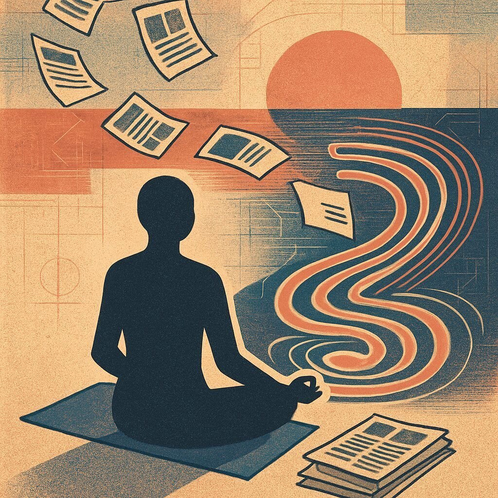 A silhouetted figure sits in meditation as streams of newsprint and glowing feed threads spiral into a calm pond beside a yoga mat and three folded newspapers.