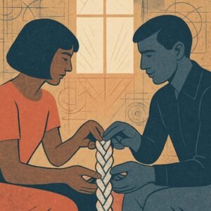 Two silhouetted figures sit close together with hands reaching toward a shared center where tangled rope has been rewoven into a clean braid as morning light streams through a window.