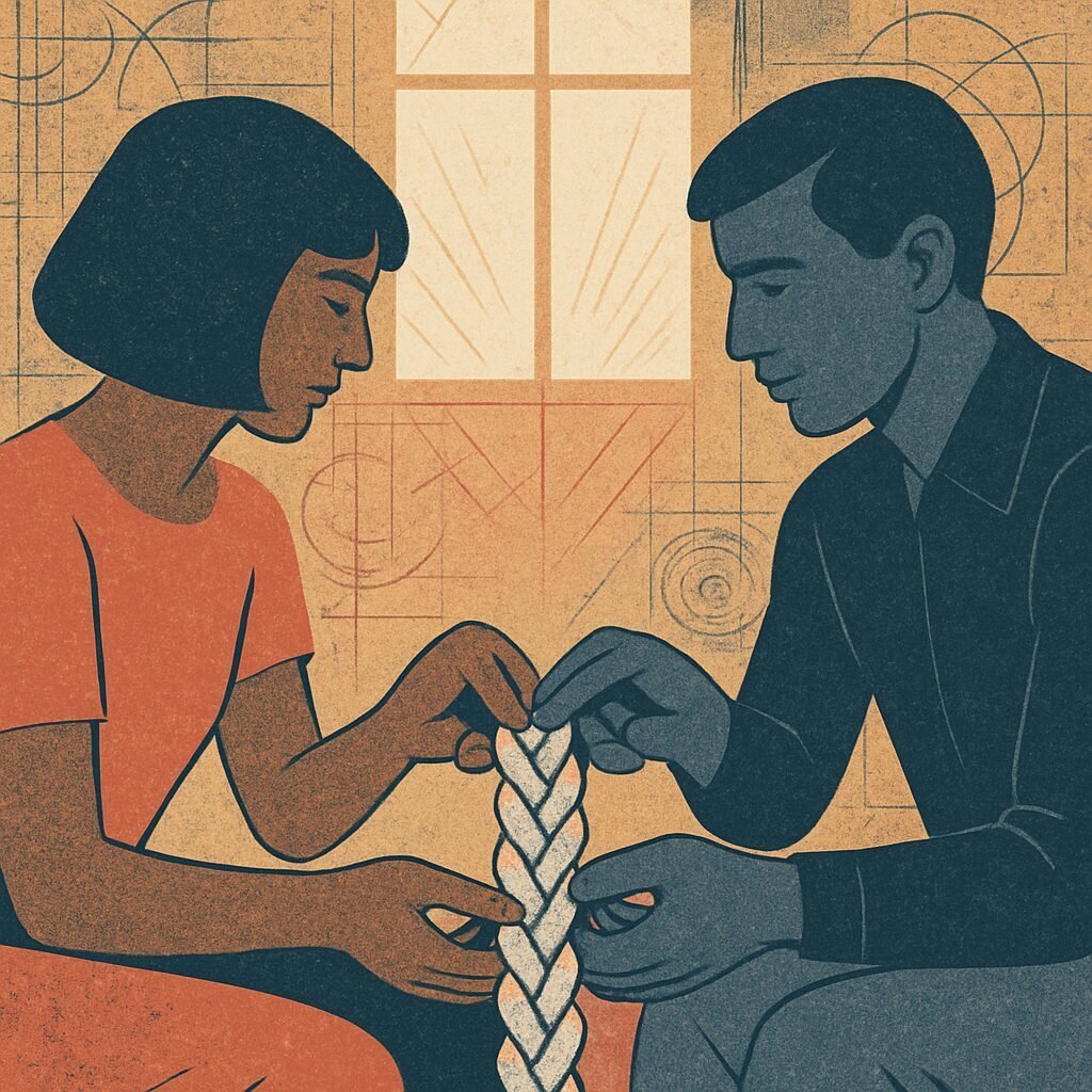 Two silhouetted figures sit close together with hands reaching toward a shared center where tangled rope has been rewoven into a clean braid as morning light streams through a window.