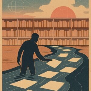 A silhouetted figure stands at the edge of a flowing river made of glowing paper sheets, carefully selecting individual pages as an orderly bookshelf horizon glows gold behind them.