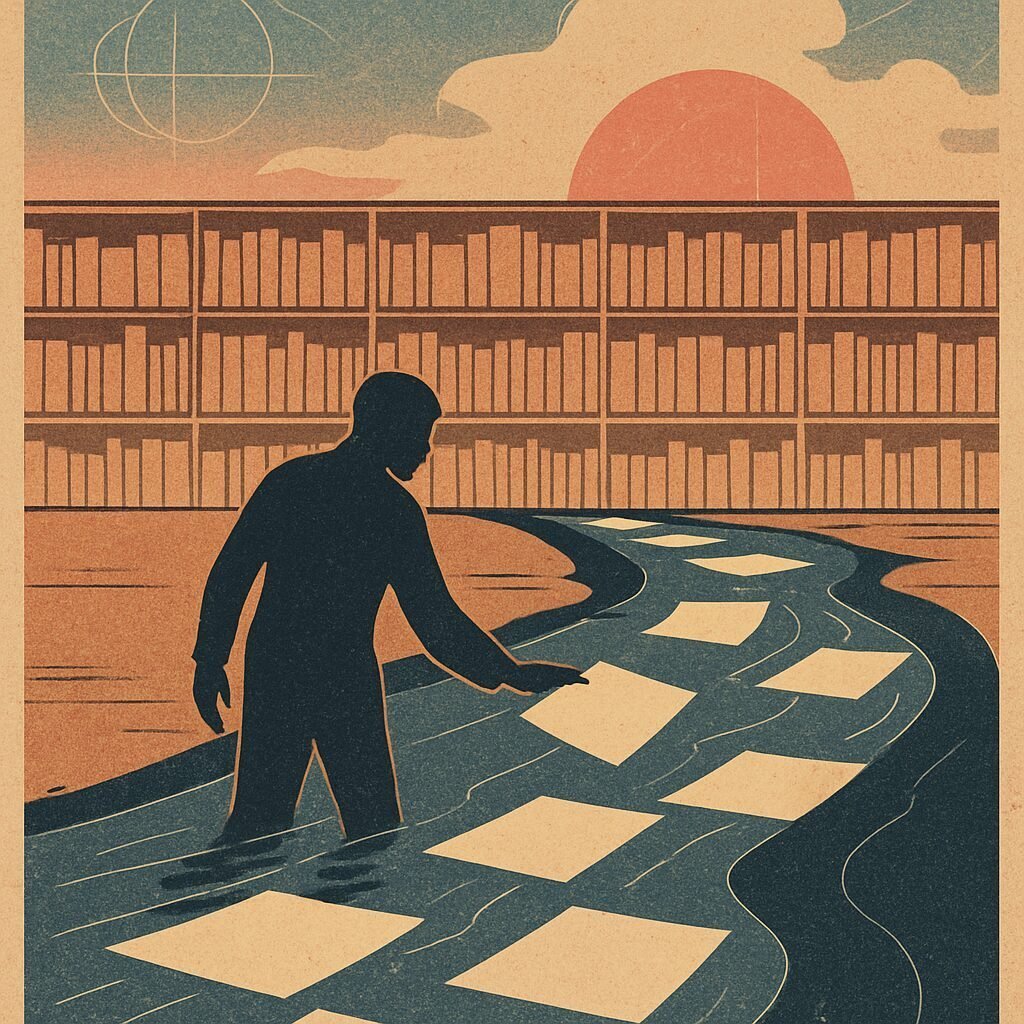 A silhouetted figure stands at the edge of a flowing river made of glowing paper sheets, carefully selecting individual pages as an orderly bookshelf horizon glows gold behind them.
