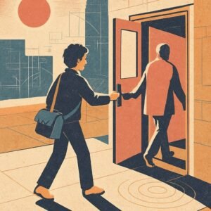 A silhouetted figure pauses on a sunlit sidewalk to hold a door open for another person, their deliberate gesture creating ripples of light that spread outward.
