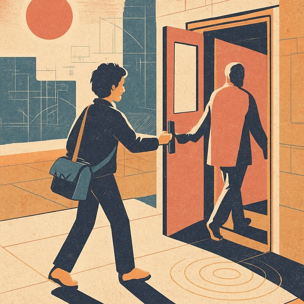 A silhouetted figure pauses on a sunlit sidewalk to hold a door open for another person, their deliberate gesture creating ripples of light that spread outward.