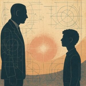 Two silhouettes face each other across open space with a subtle glow between them, the teacher's posture mirroring respect and the student standing in calm certainty.