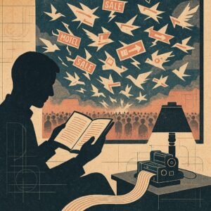 A silhouetted reader sits calmly by lamplight with a small hand-built machine, while outside the window a swarm of flashing advertisement-birds engulfs a distant crowd.