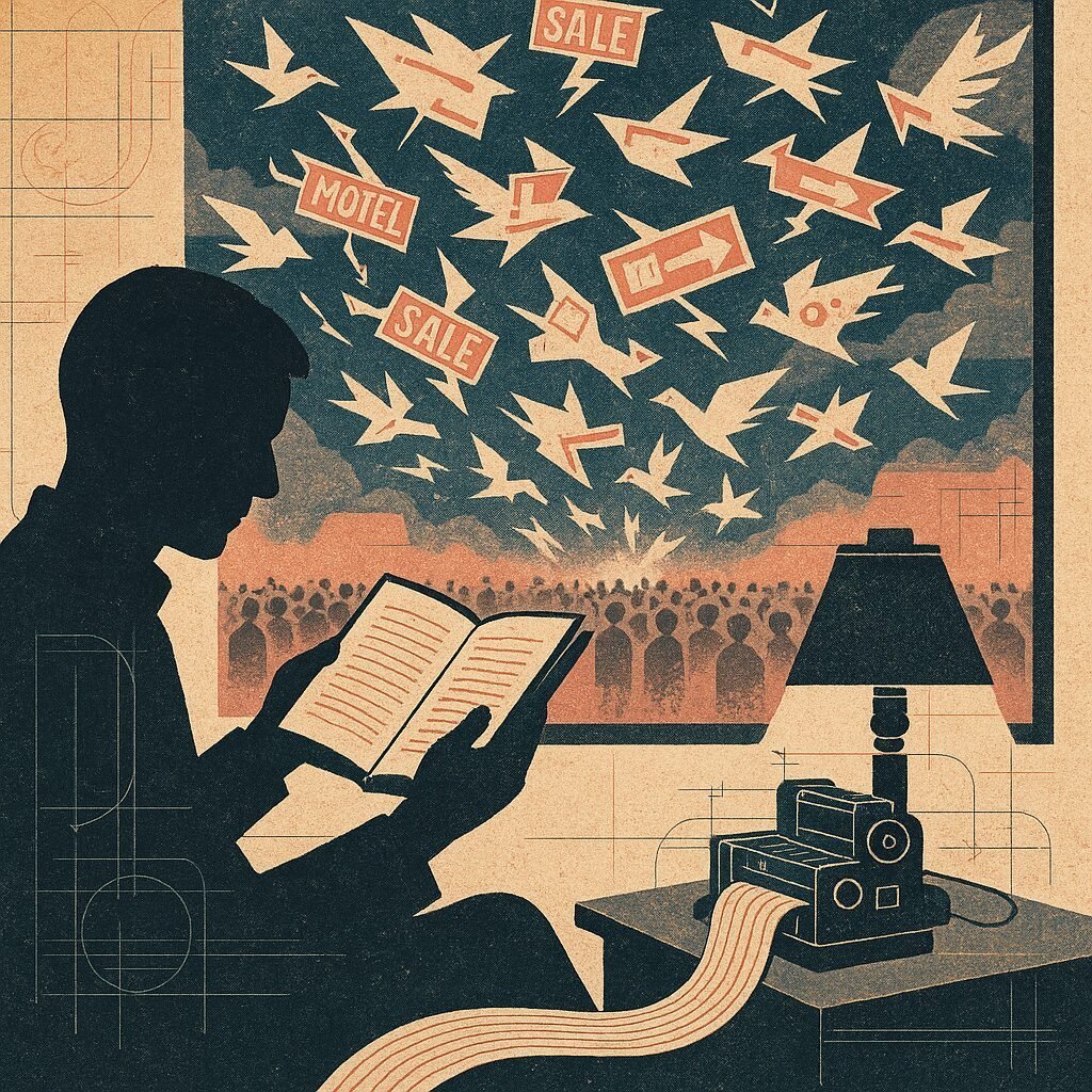 A silhouetted reader sits calmly by lamplight with a small hand-built machine, while outside the window a swarm of flashing advertisement-birds engulfs a distant crowd.