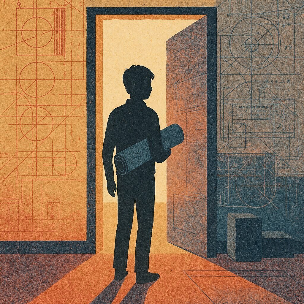 A silhouetted figure stands at a studio doorway holding a yoga mat, morning light filtering through the entrance creating soft shadows and a sense of quiet anticipation.
